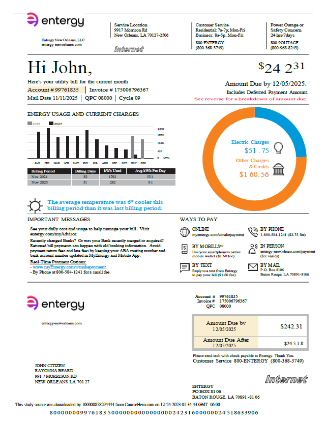 USA Entergy utility bill template in Word and PDF formats, version 2